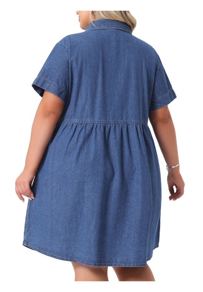 Denim Babydoll Tiered Short Sleeve Button Down Jean Shirt Dress, Mid Blue / Chambray Denim Medium, alternate image number 1