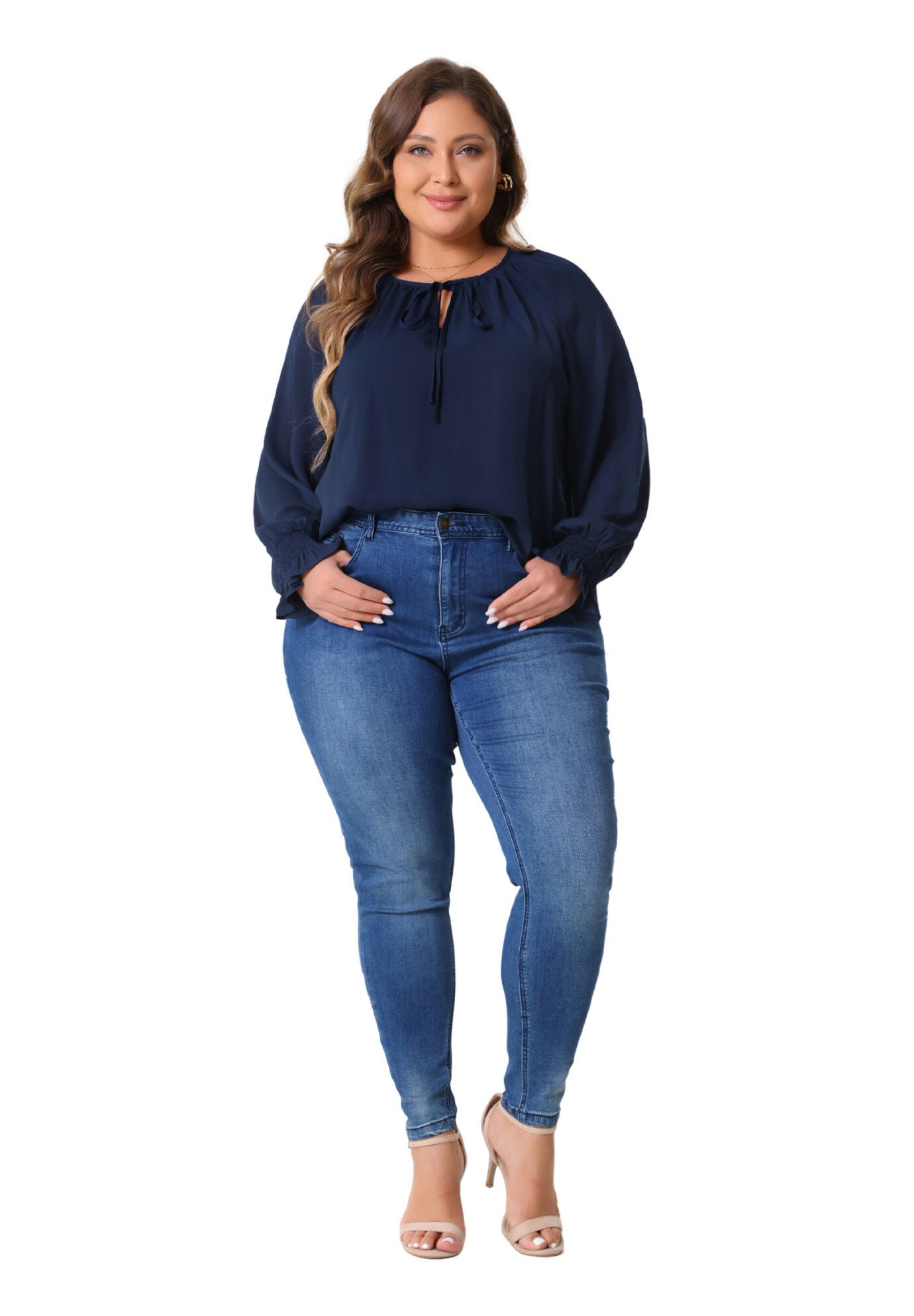 Casual V Neck Drawstring Long Sleeve Blouse Top, Navy Blue / Navy, hi-res image number 0