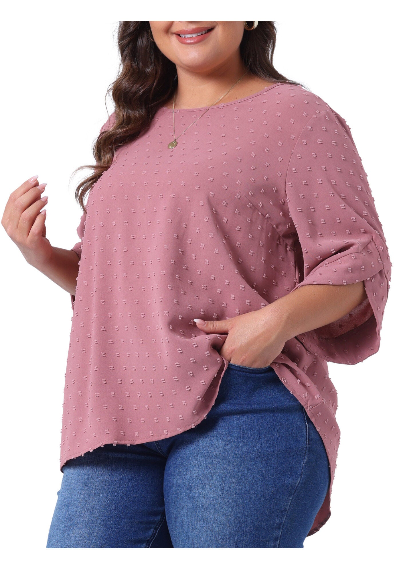 Round Neck Petal Sleeve Swiss Dots Blouse Top, Dark Pink / Pink, alternate image number 1