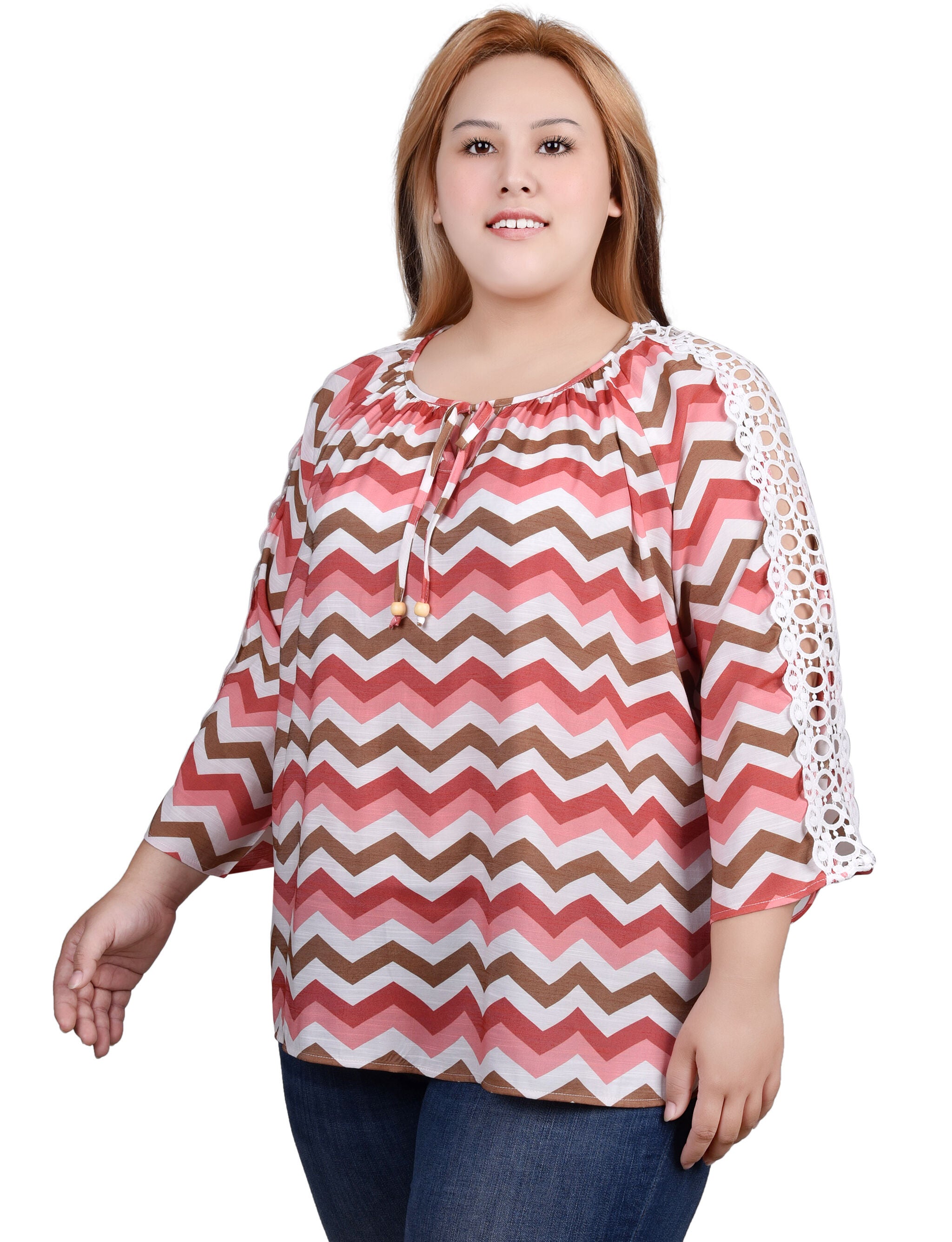 3/4 Sleeve Crochet Detail Blouse, Pink Wht Chevron / pink, alternate image number 3