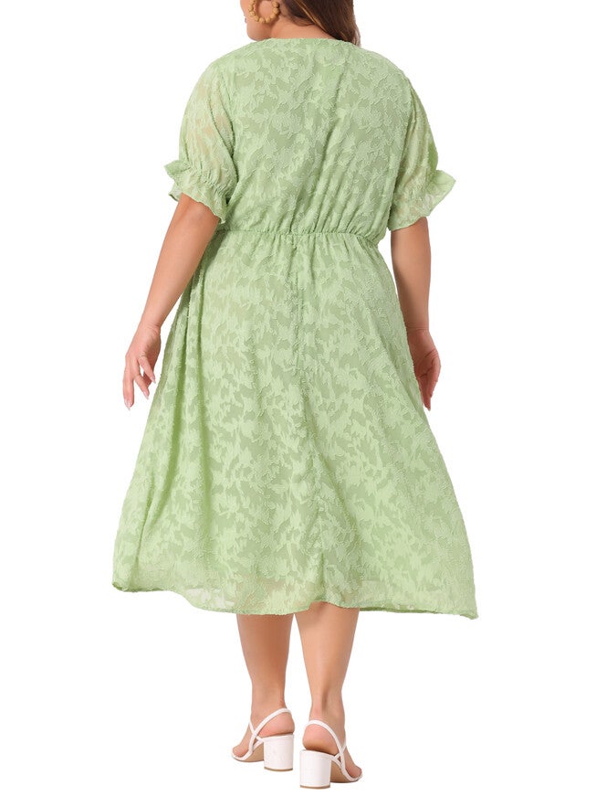 LACE FLORAL RUFFLE SHORT SLEEVE V NECK MIDI DRESS, Grass Green / Light Green, alternate image number 3