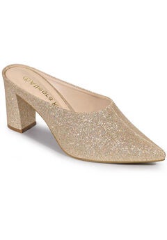 Glitter Pointed Toe Slip on Chunky Heels Slides Mules