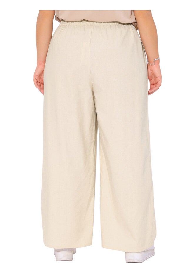 Cotton Linen Summer Palazzo Pants Drawstring Relaxed Fit Wide Leg Trousers with Pockets, Apricot / Cream, alternate image number 3