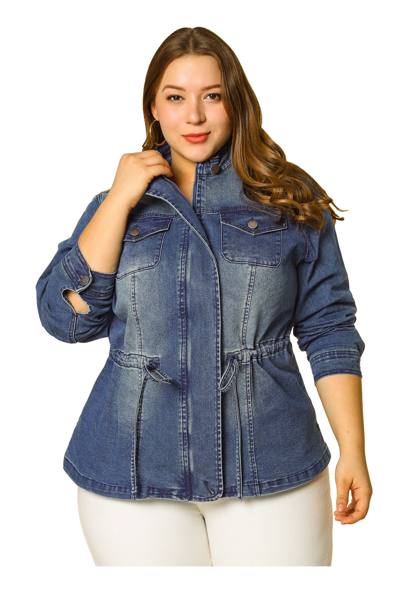 STRETCH STAND COLLAR ZIP DRAWSTRING DENIM JACKET, Dark Blue / Navy, alternate image number 2