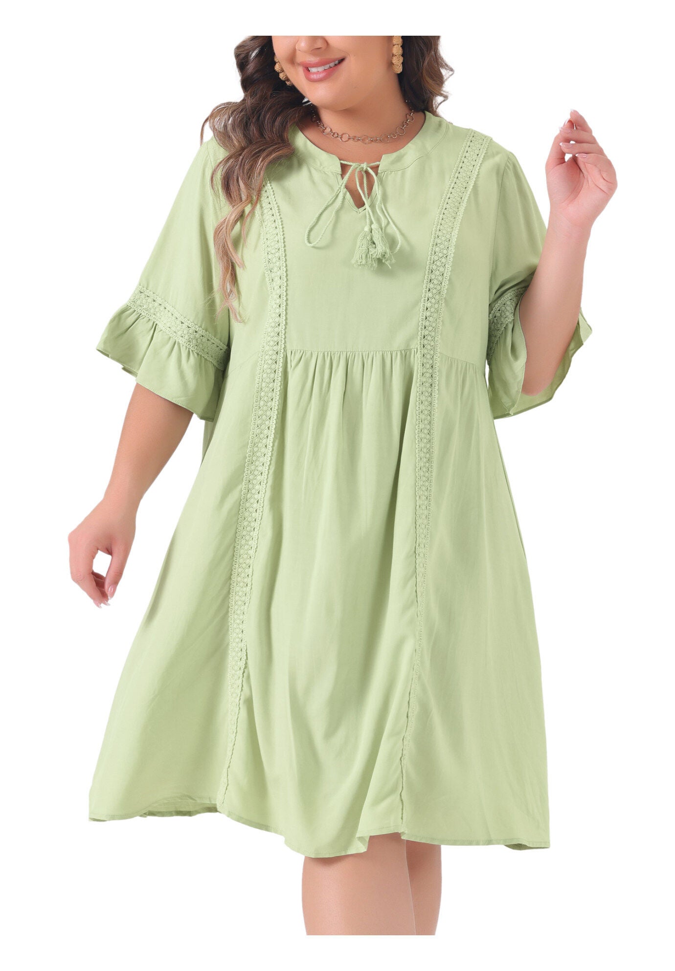 Ruffle Short Sleeve Lace Insert V Neck Tassel Bohemian Dress, Light Green / Light Green, alternate image number 3