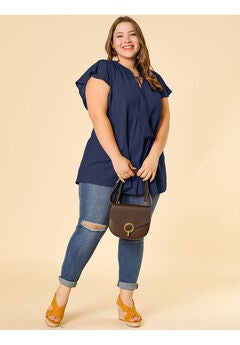 V NECK TASSEL SELF TIE FLUTTER SHORT SLEEVE BLOUSE