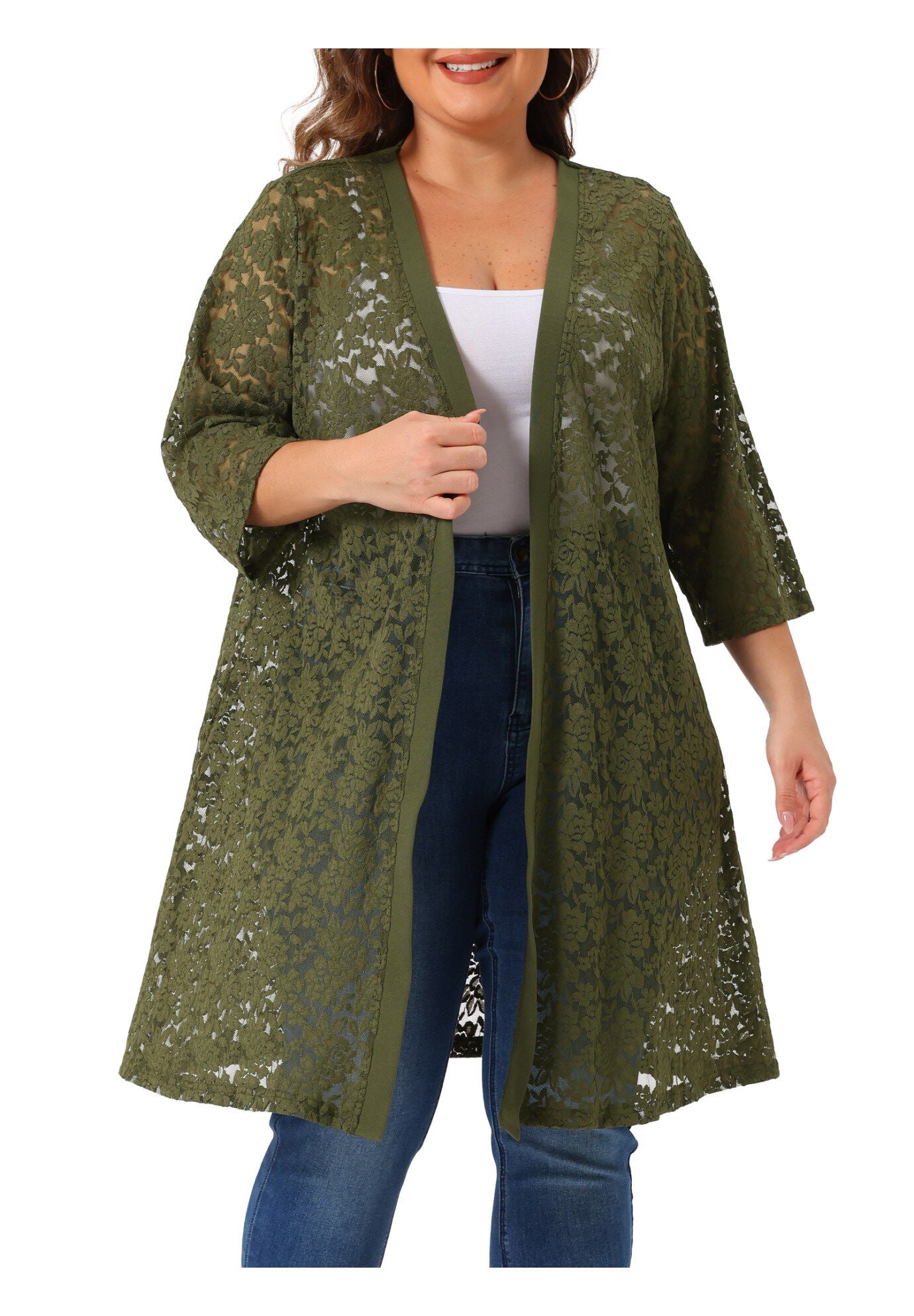 LACE CROCHET 3/4 SLEEVE COVER UP CARDIGAN, Army Green / Hunter Green, hi-res image number 0