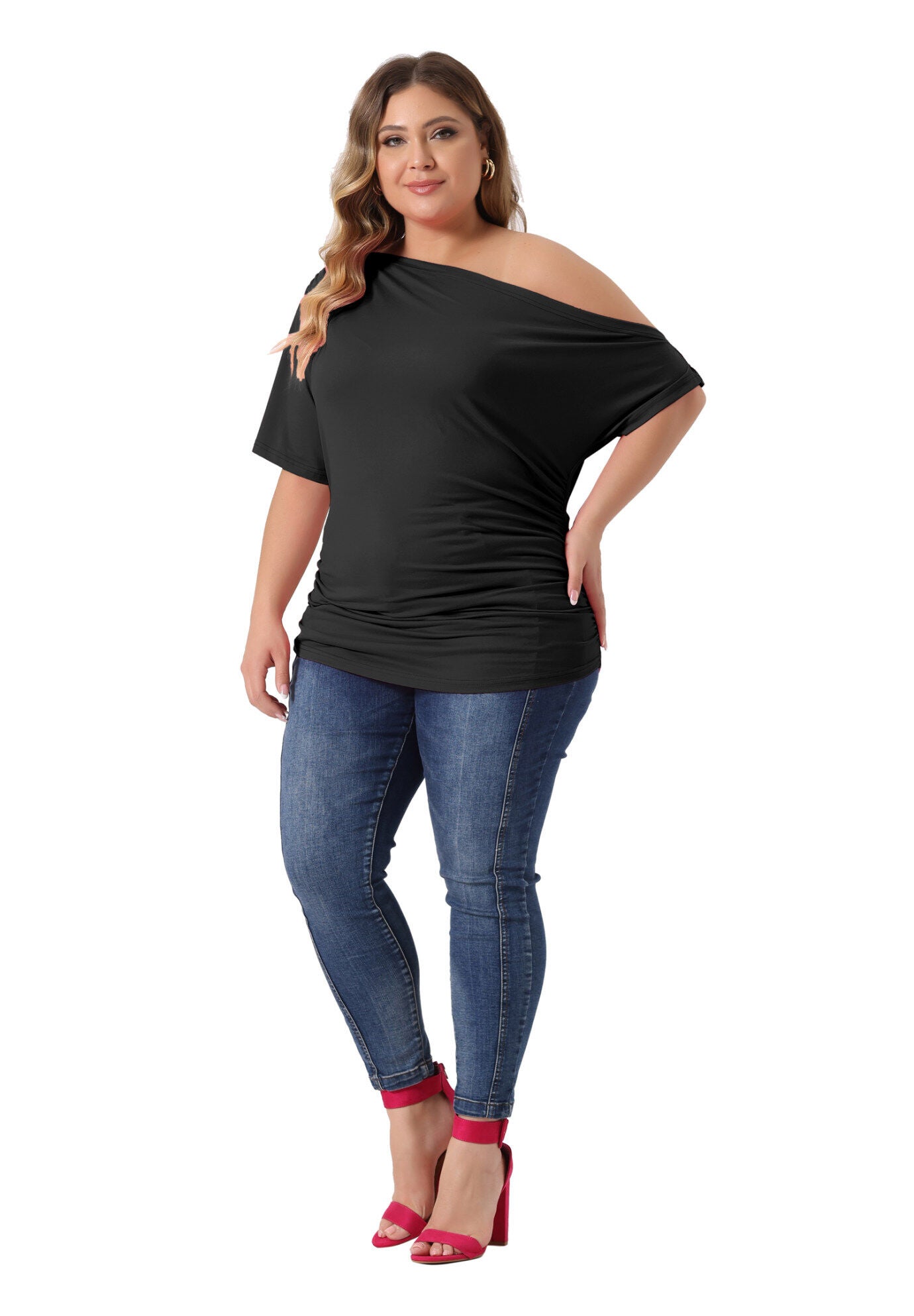 ONE SHOULDER SHORT SLEEVE RUCHED TOP, Black / Black, hi-res image number 0