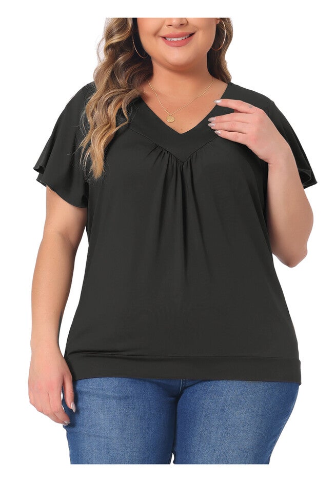 V Neck Ruffle Short Sleeve T-Shirt Top, Black / Black, alternate image number 3