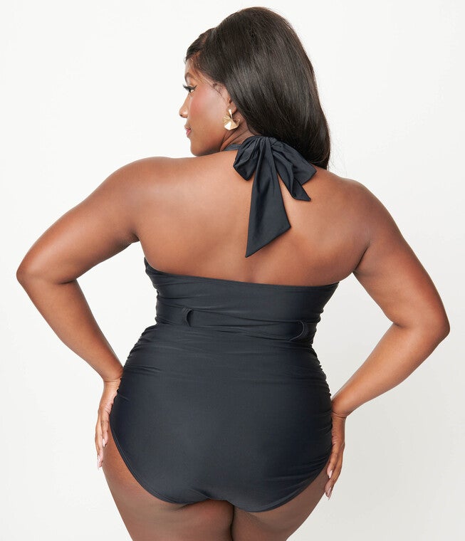 Unique Vintage Black Belted Halter Swimsuit, Black / Black, alternate image number null