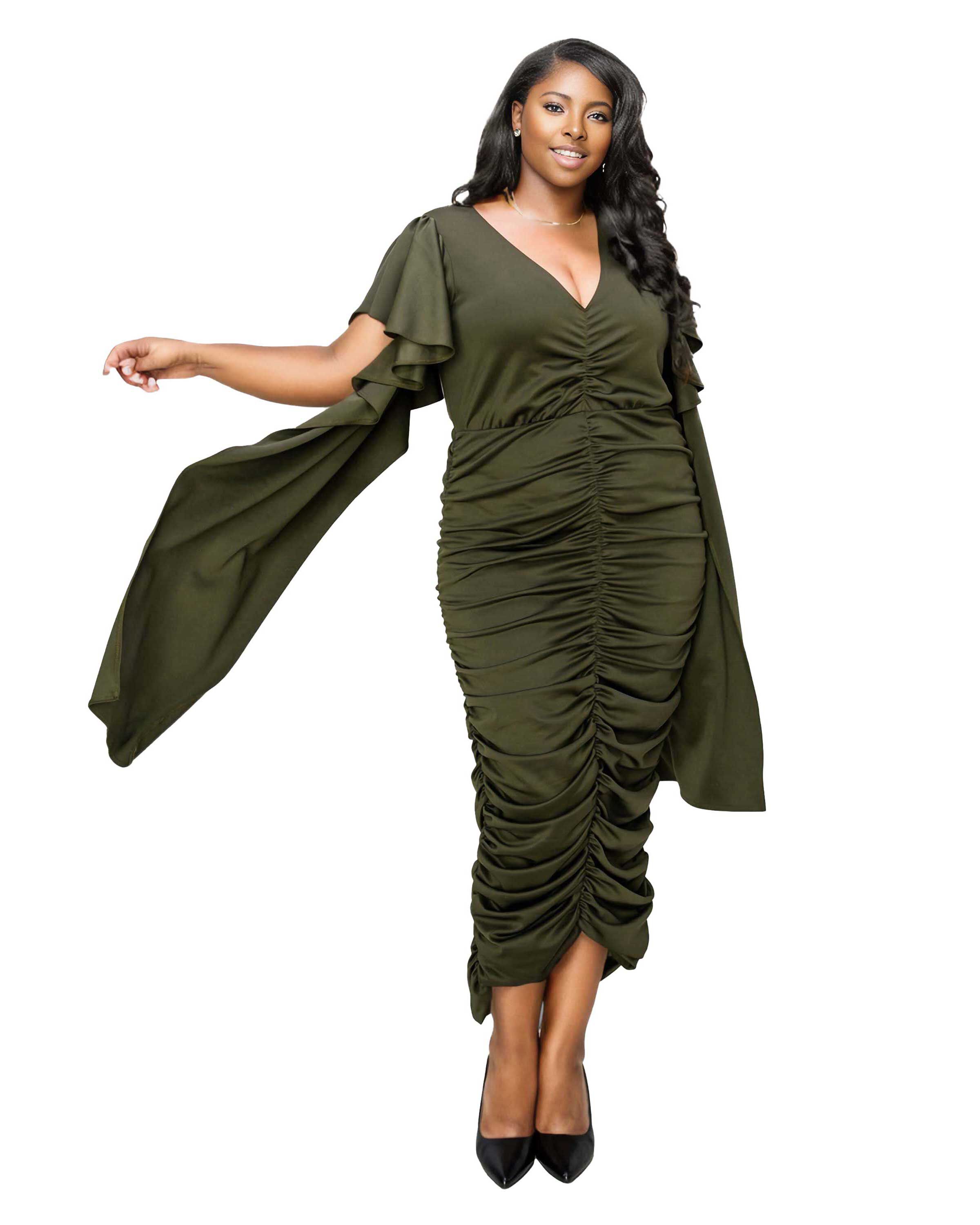 NADIA RUCHED V NECK DRESS, Army / Olive Green, hi-res image number 0