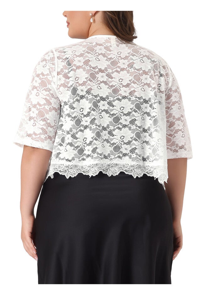 1/2 SLEEVE SHEER LACE BOLERO SHRUG, White / White, alternate image number 3