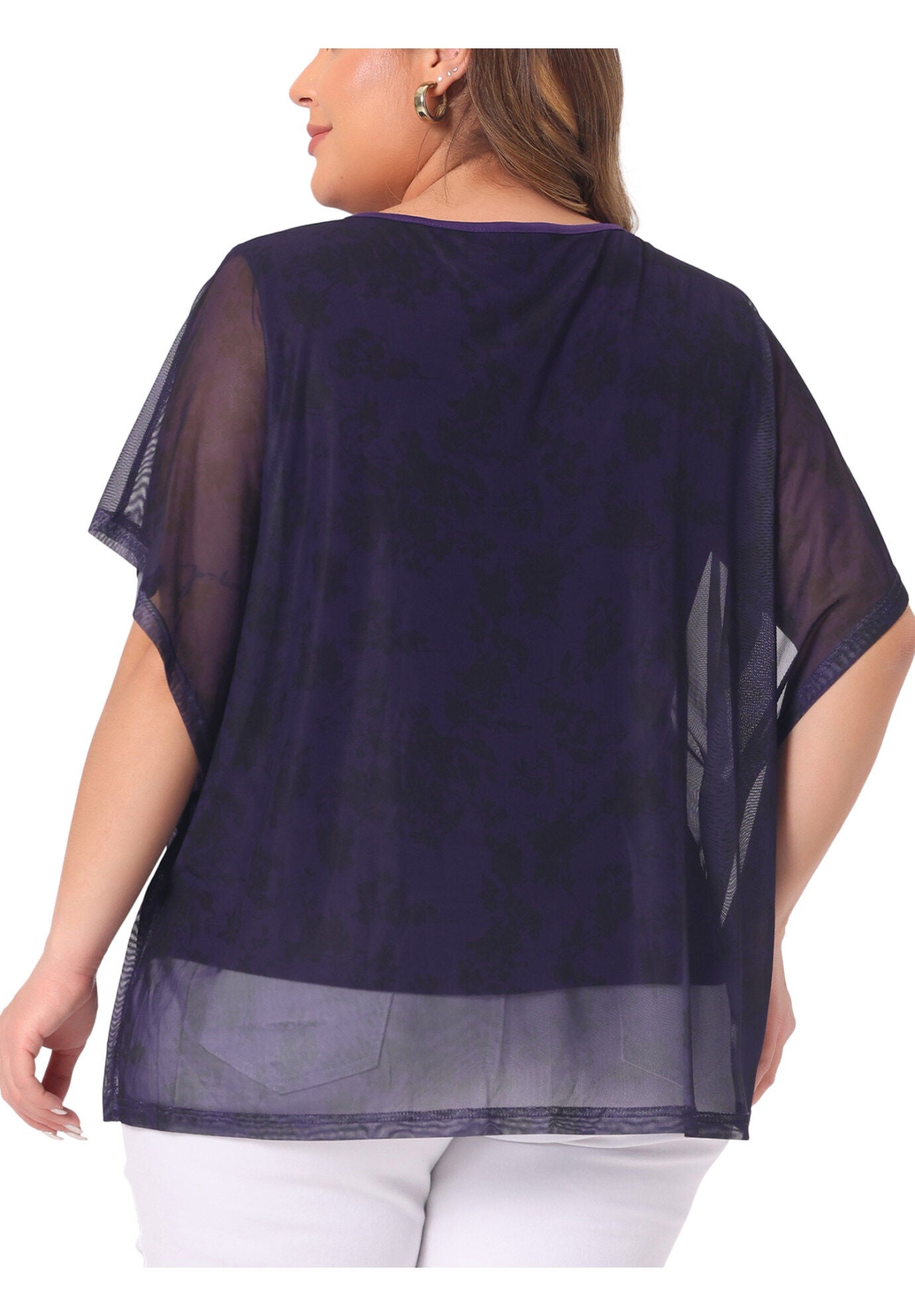 Floral Pattern Batwing Sleeve Beach Cover Loose Tunic Blouse, Purple / Purple, alternate image number 3