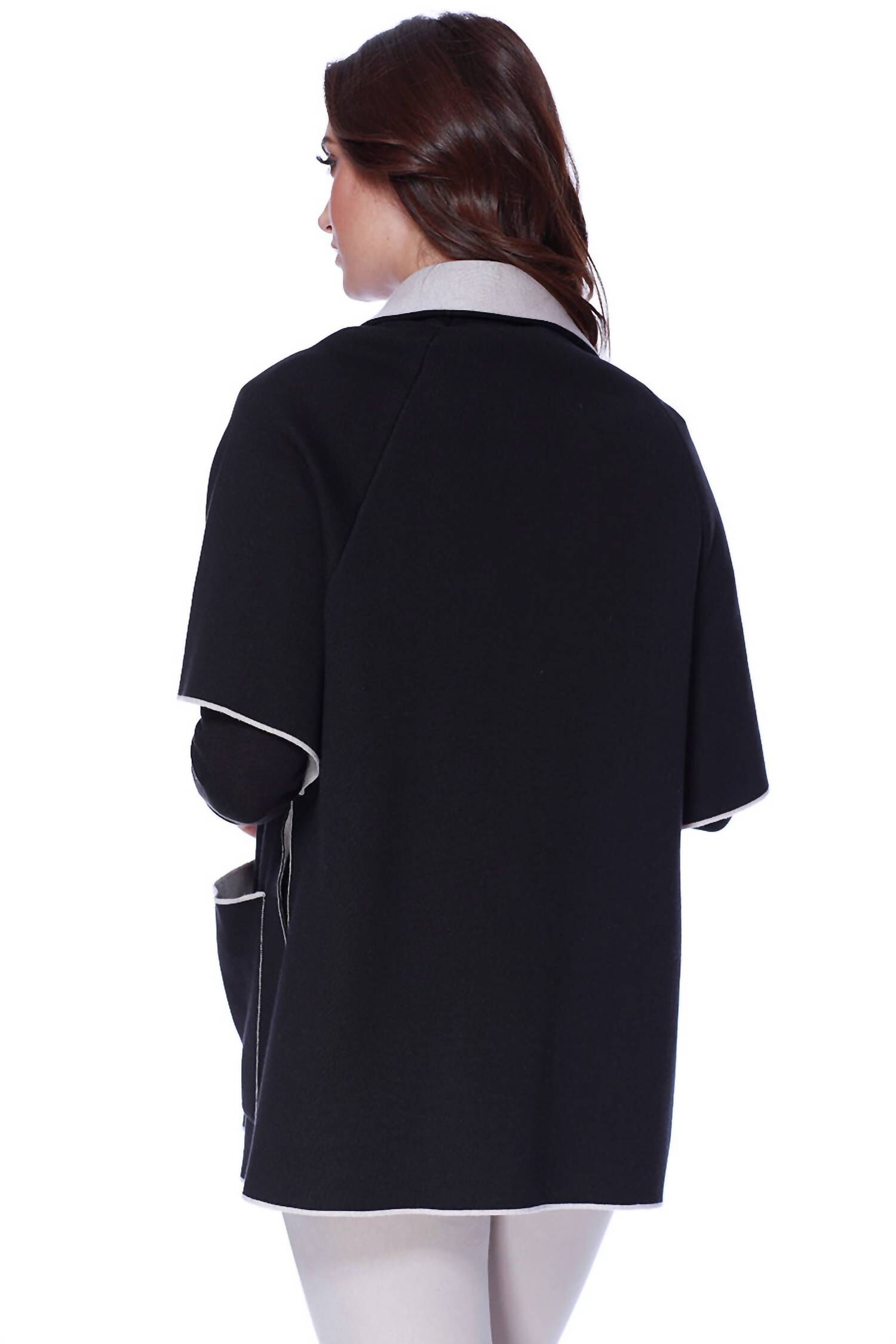 ZIP UP & BUTTONS PONCHO W/ POCKETS IN BLACK/STONE, , alternate image number 3