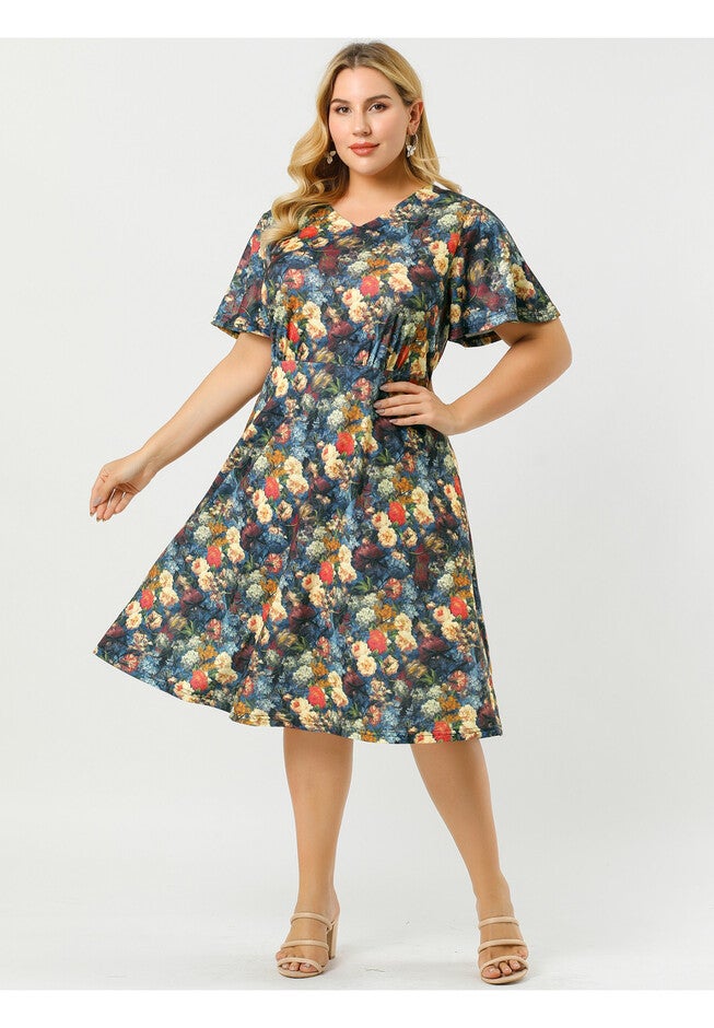 Short Sleeve Fit Flare Midi Sundress Floral Dress, Blue / Navy, alternate image number null