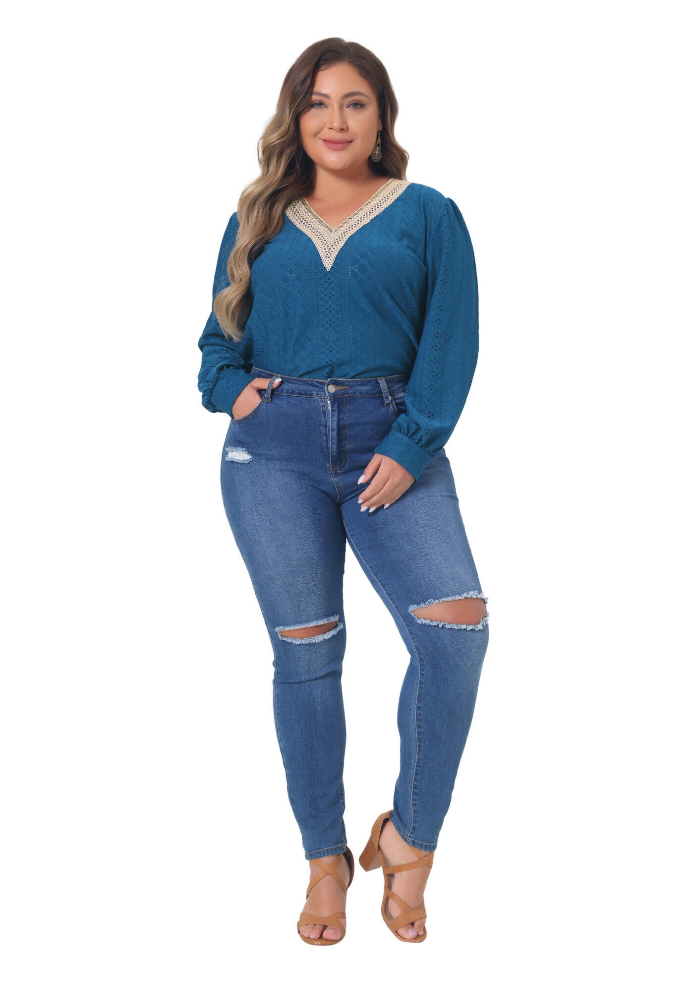 Lace V Neck Petal Long Sleeve Blouse Eyelet Hollow Top, Navy / Navy, hi-res image number 0