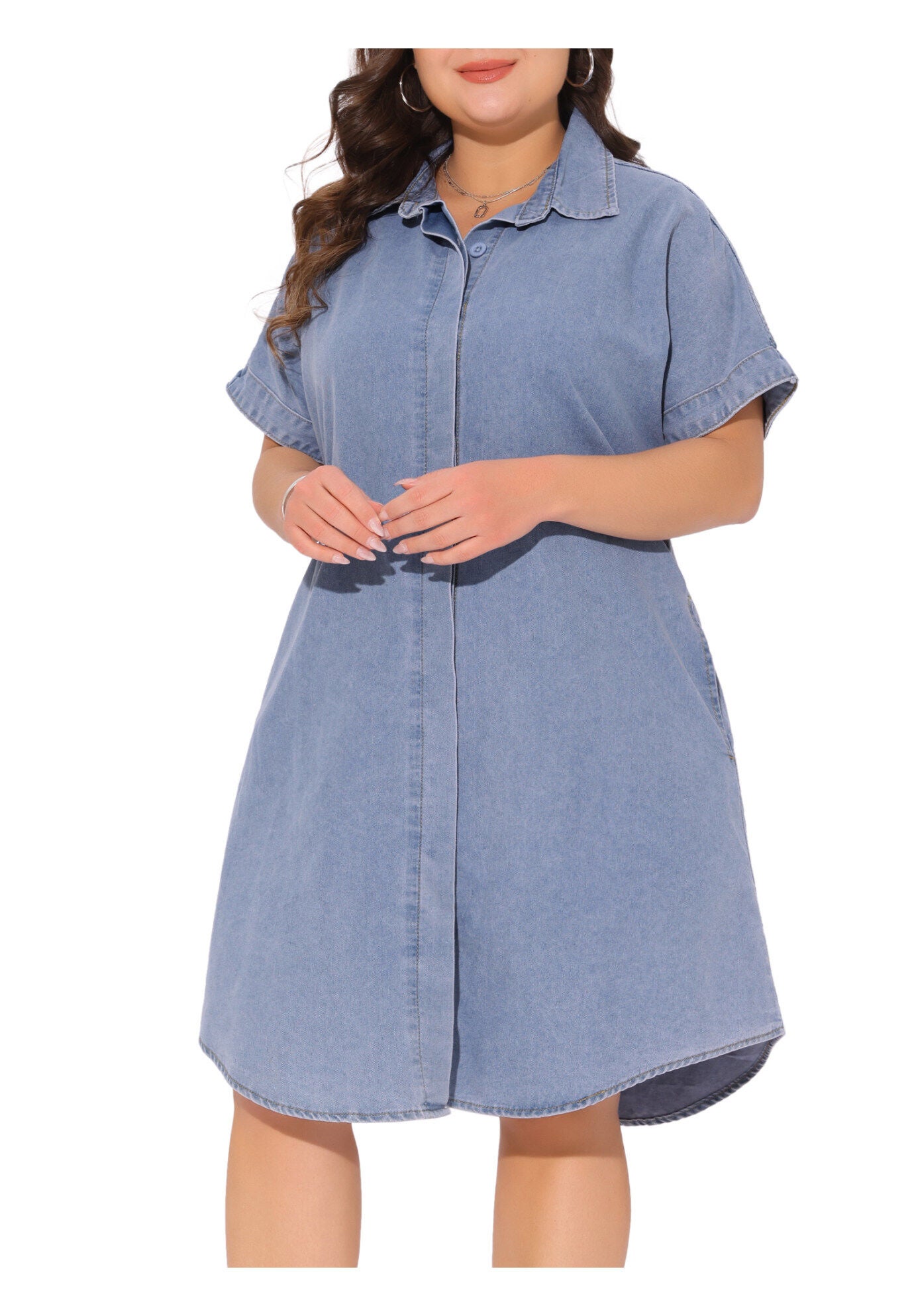 Short Sleeve Button Down with Pockets Midi Jean Denim Shirt Dress, Light Blue / Light Blue, alternate image number 3