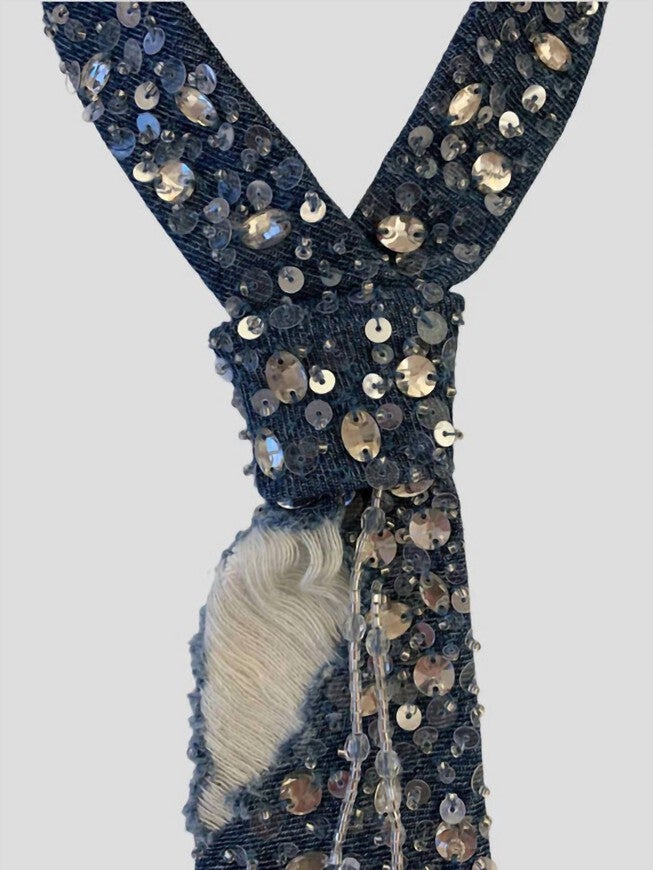 FRAYED CRYSTAL TIE IN DENIM, , alternate image number null