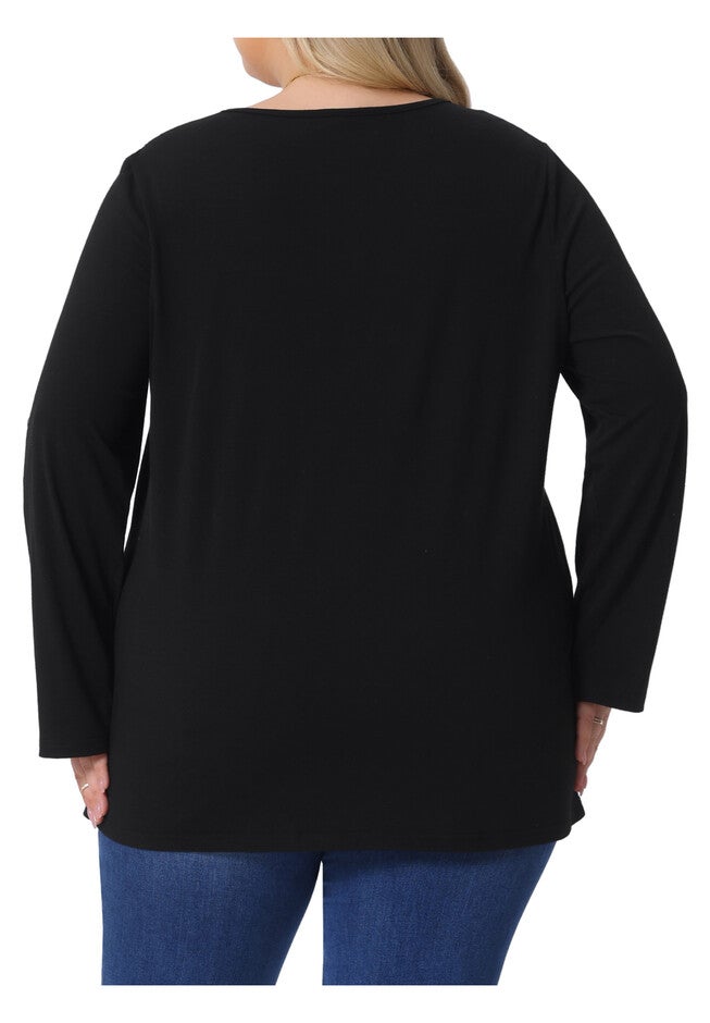 Long Sleeve Square Neck Flowy Pleated Loose Fit Tunic Top, Black / Black, alternate image number 3