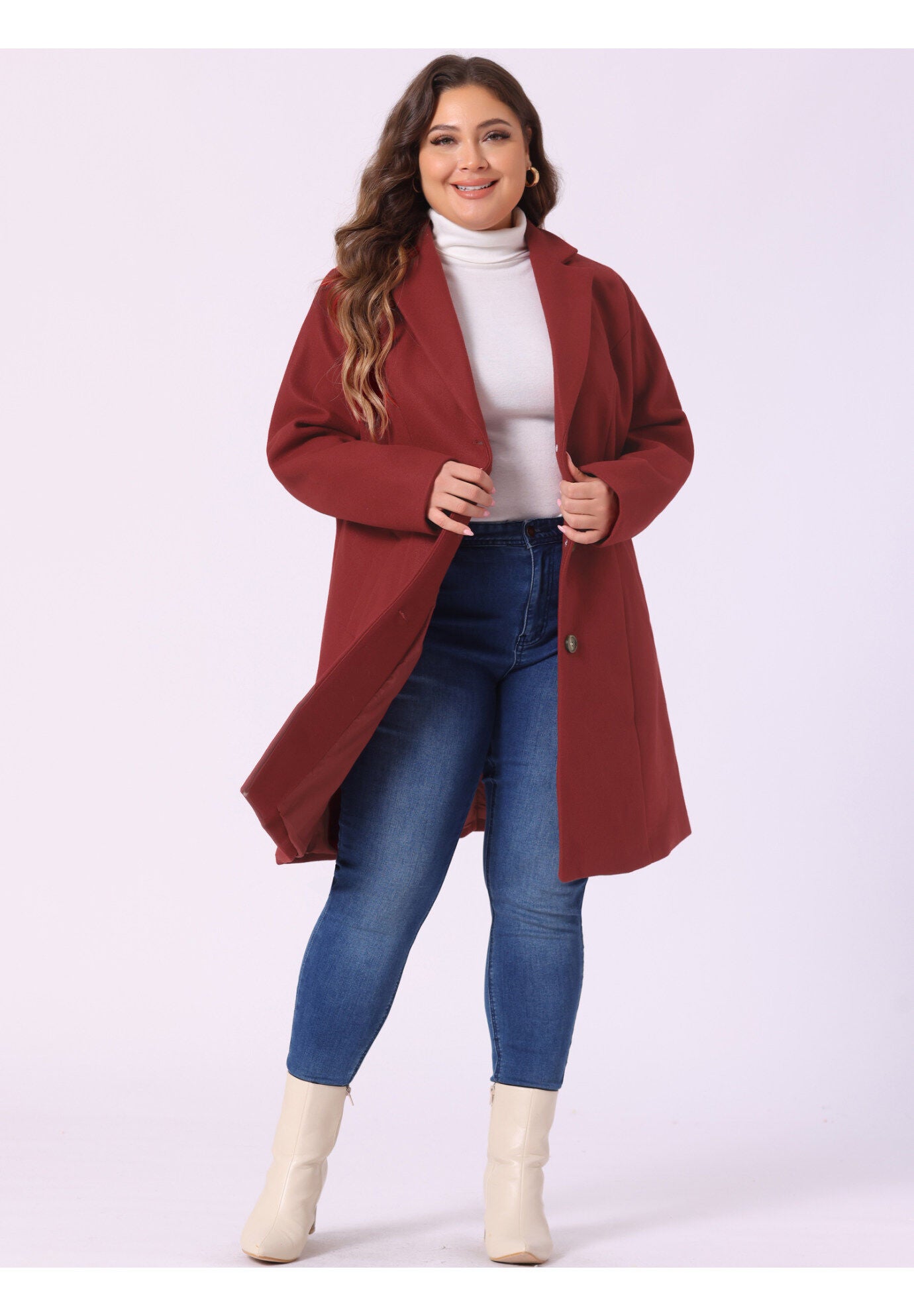 SINGLE BREASTED NOTCHED LAPEL LONG WINTER COAT, Dark Red / Red, alternate image number 1