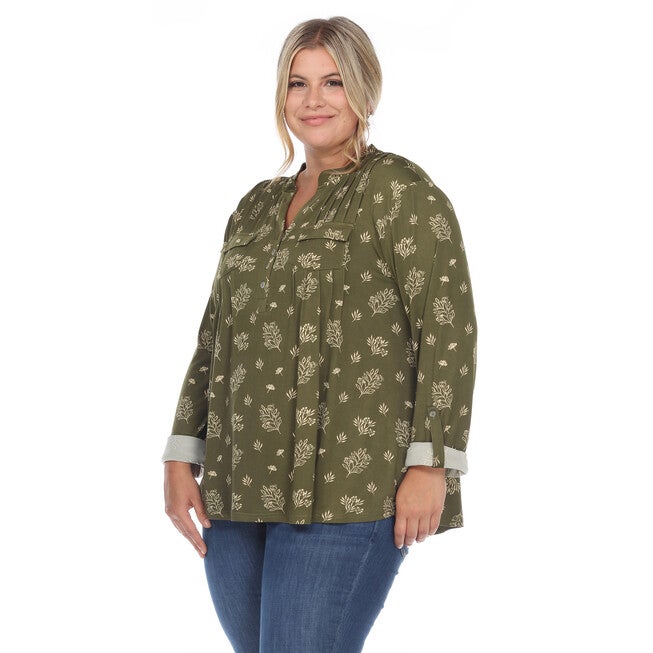 Pleated Long Sleeve Leaf Print Blouse, Olive / Olive Green, alternate image number null