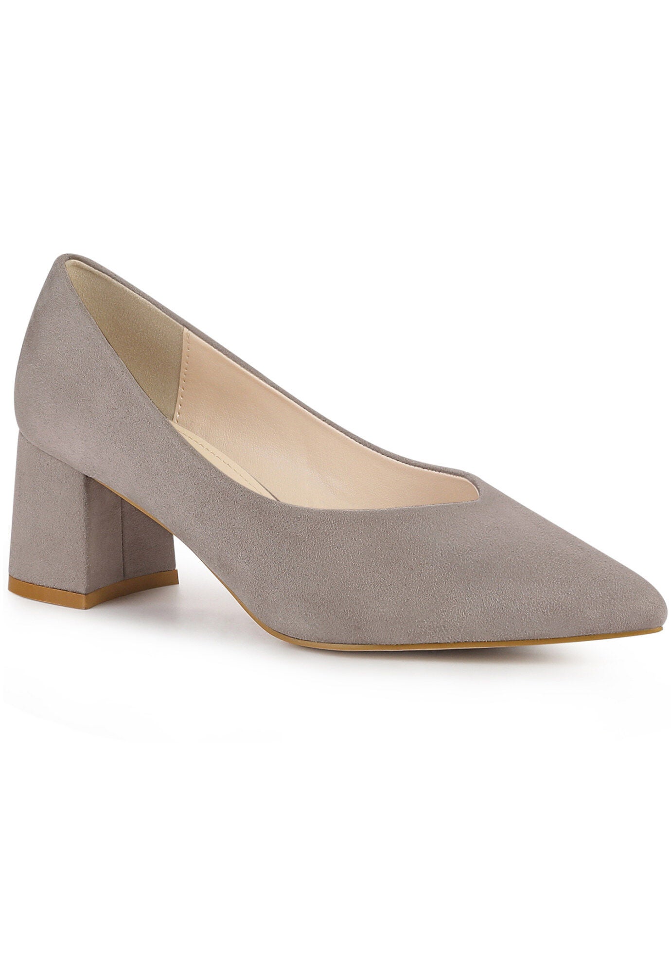 Pointy Toe Slip on Low Chunky Heels Pump, Taupe / Taupe, hi-res image number 0