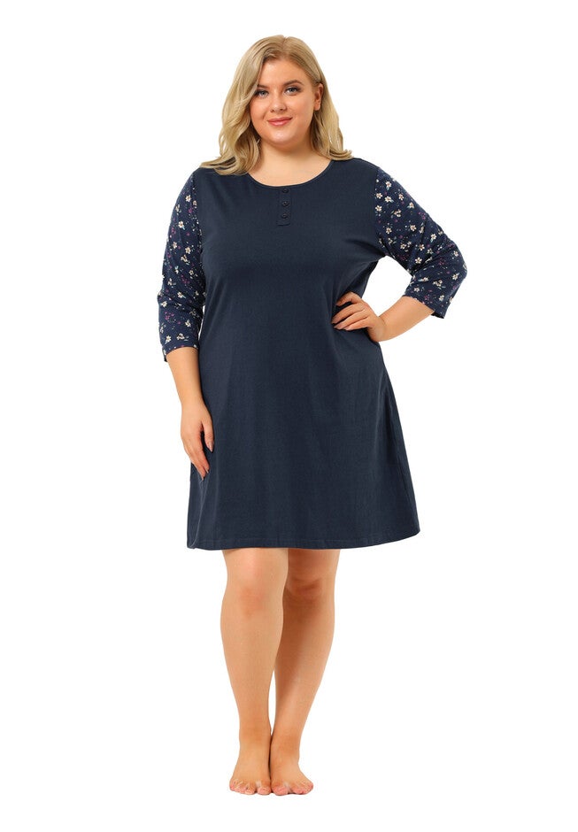 Floral 3/4 Sleeve Sleepwear Nightgown, Navy / Navy, alternate image number null
