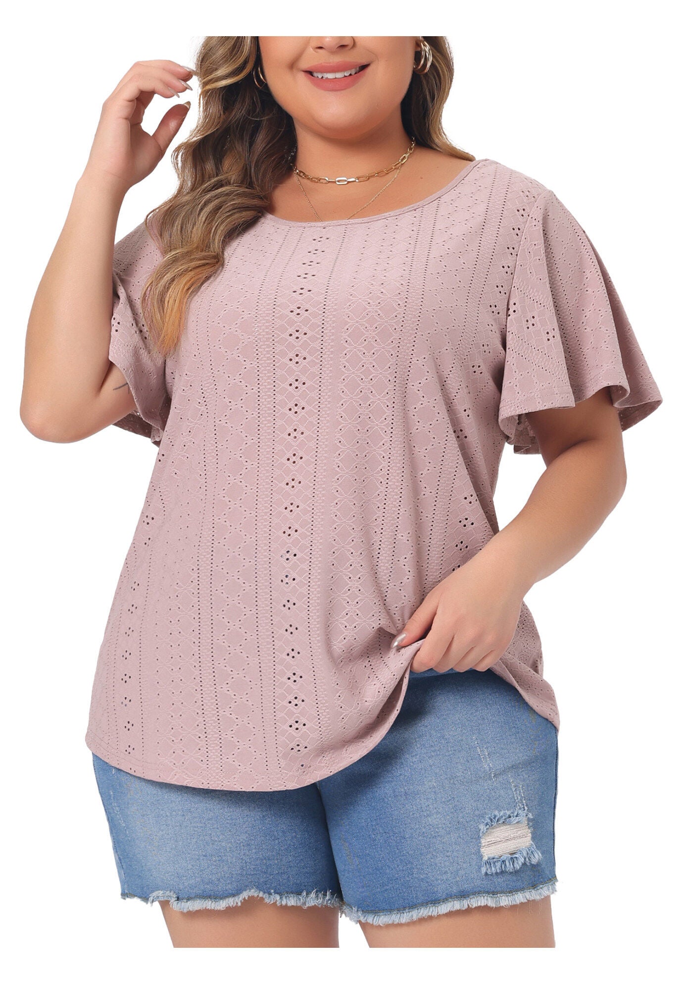 V NECK LOOSE FIT RUFFLE SLEEVE SUMMER HOLLOW TOP, Pink / Pink, alternate image number 3
