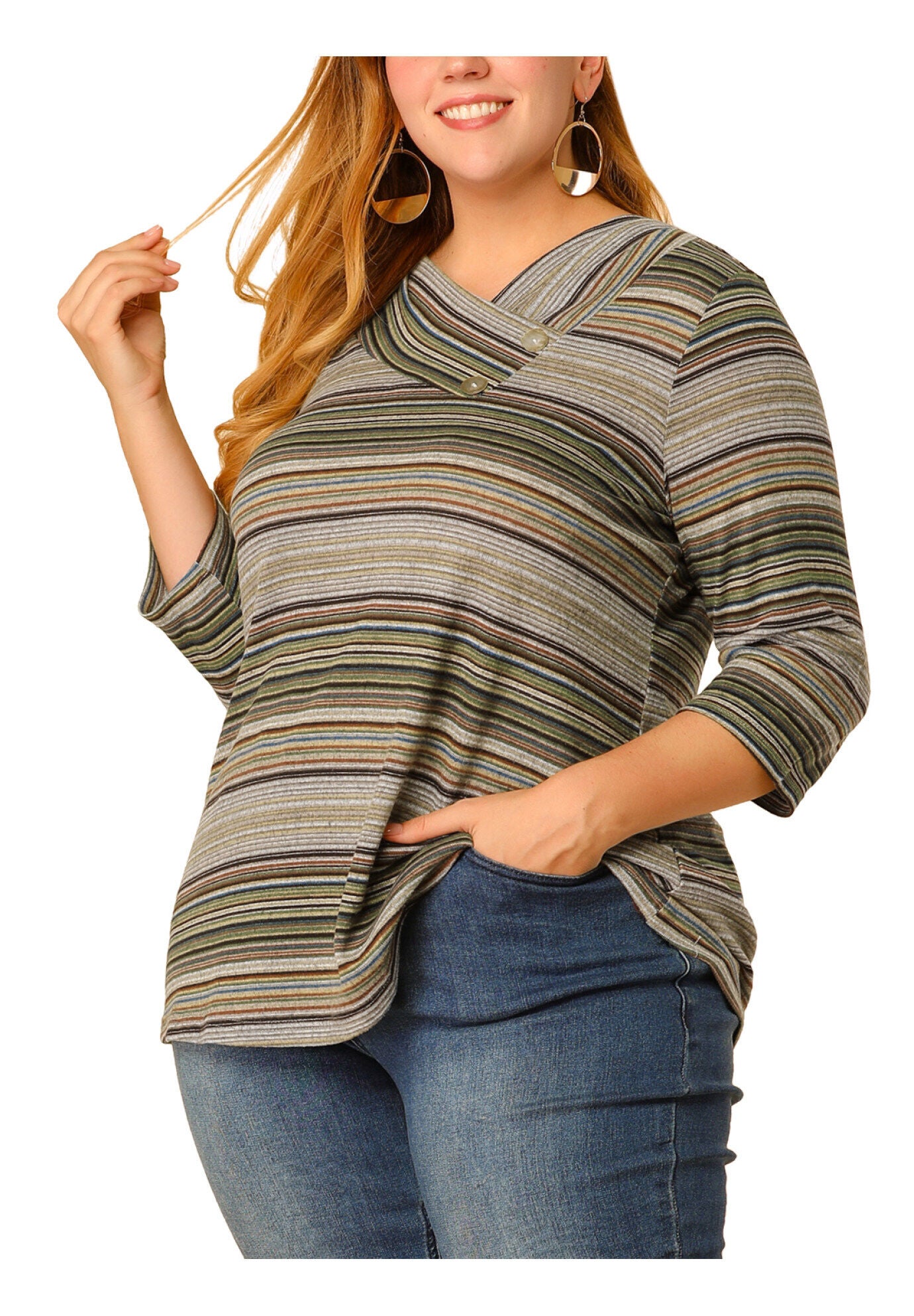 Stripe 3/4 Sleeve Tunic V Neck Knit Blouse, Green / Olive Green, alternate image number 2