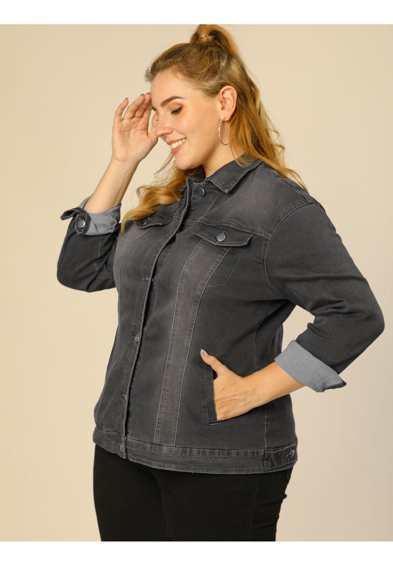 STITCHING BUTTON FRONT WASHED DENIM JACKET, Grey / Charcoal Grey, alternate image number 3