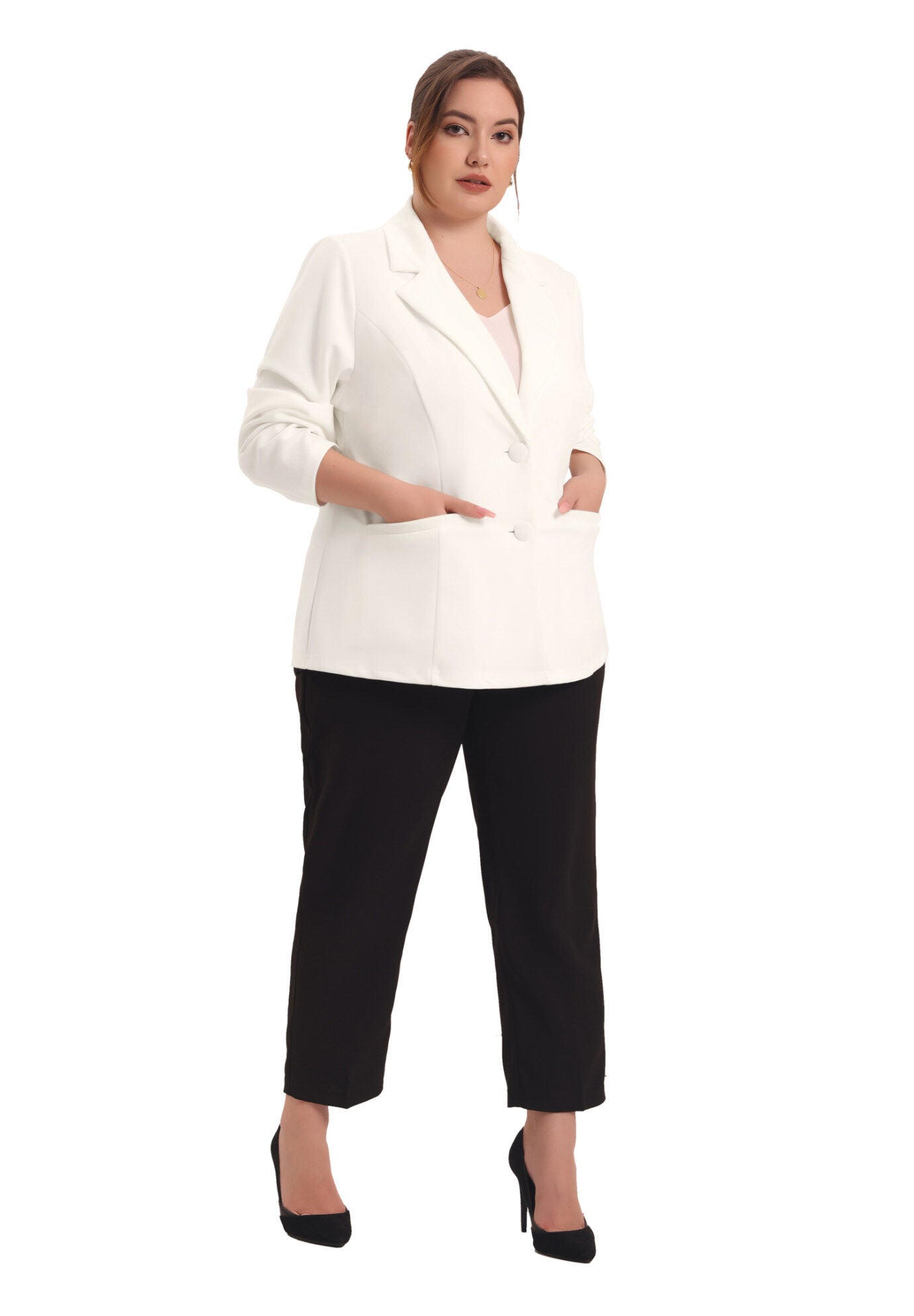 NOTCHED LAPEL V NECK WORK SUIT BLAZER, White / White, hi-res image number 0