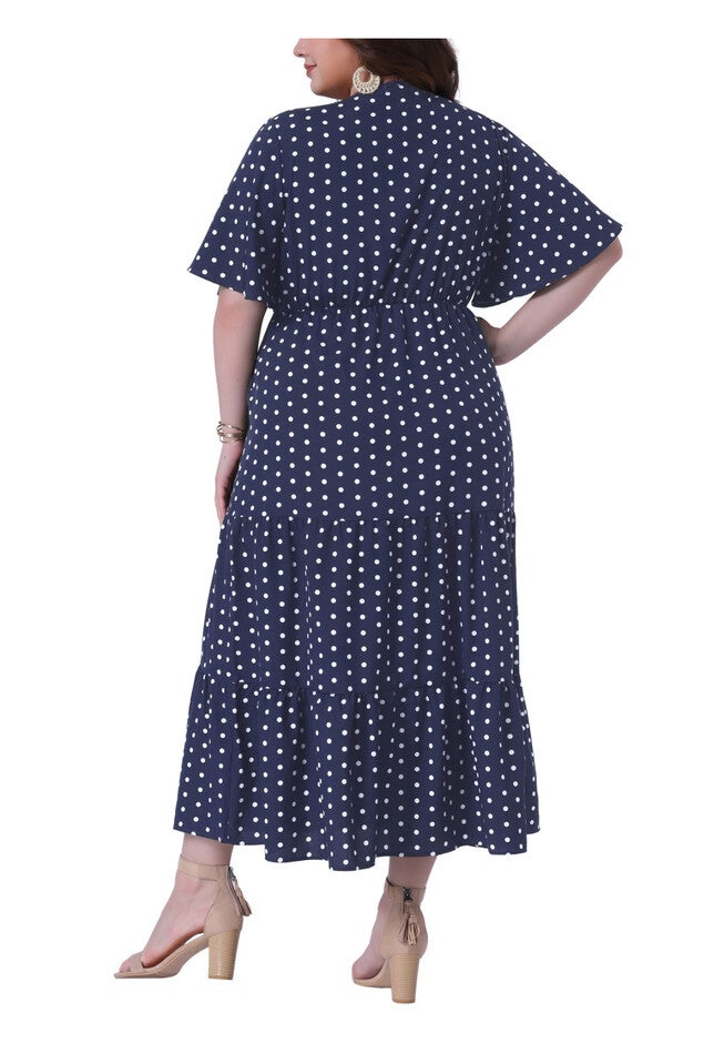 Wrap V Neck Polka Dots A-Line Tiered Summer Maxi Dress, Navy Blue / Navy, alternate image number 3