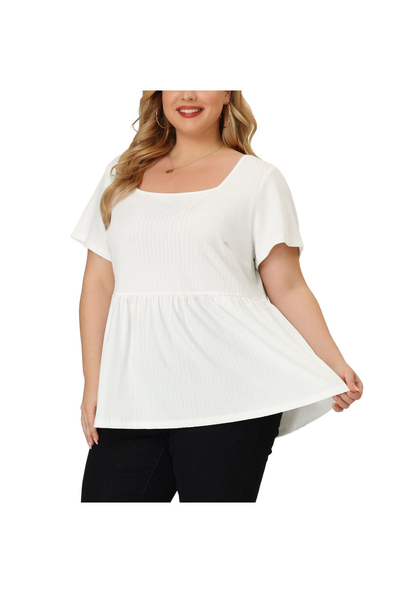 Babydoll Top Summer Peplum Short Sleeve Summer Oversized Tunic Blouse, White / White, alternate image number 4