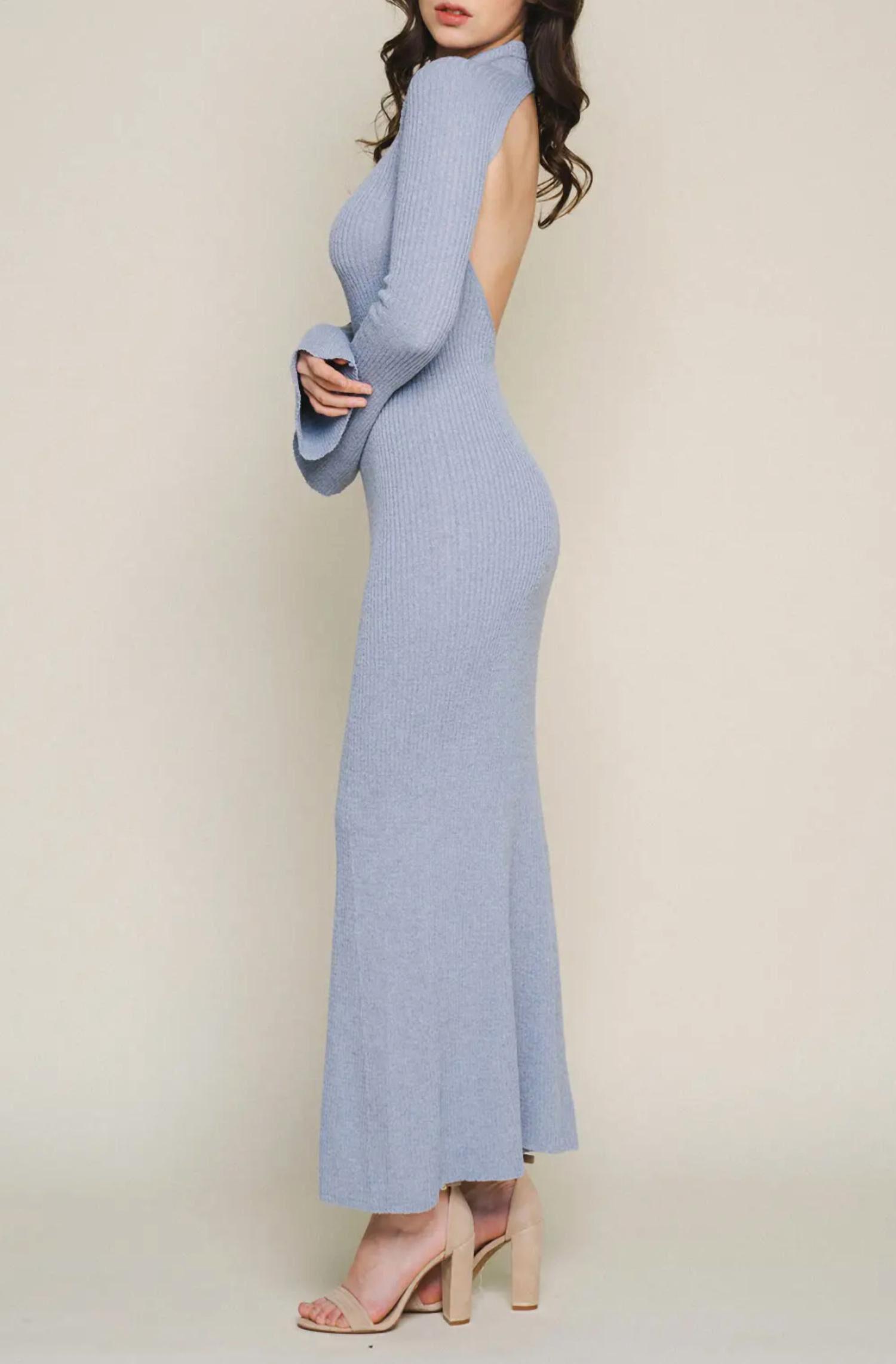 CUT-OUT BACK MAXI DRESS IN DUSTY BLUE, , alternate image number 3
