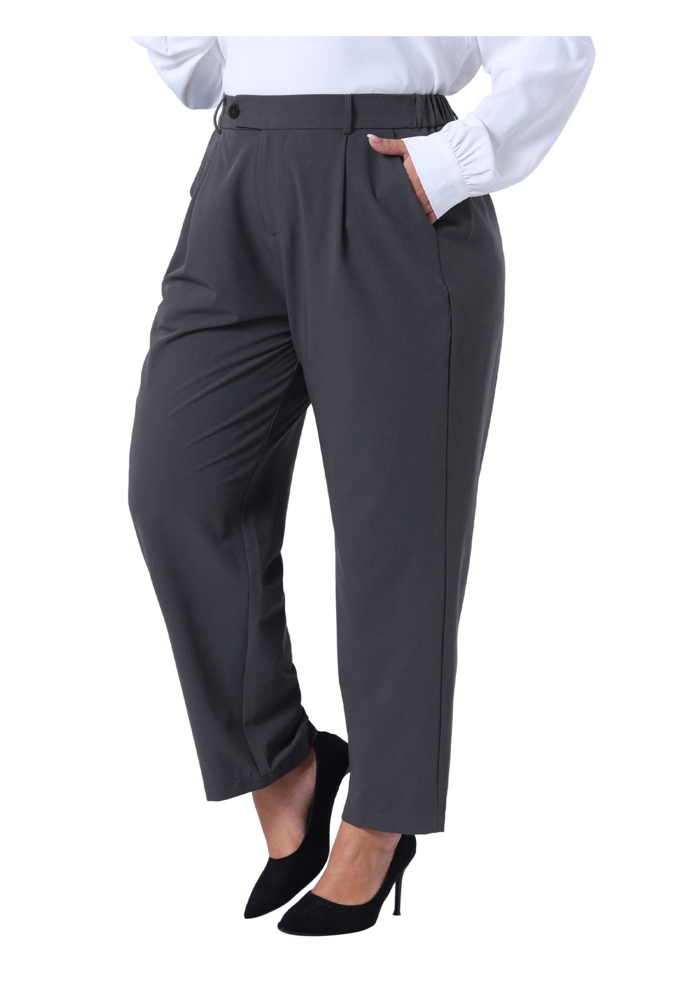 ELASTIC HIGH WAISTED LONG STRAIGHT BUSINESS CASUAL TROUSERS, Gray / Cool Gray, alternate image number 2