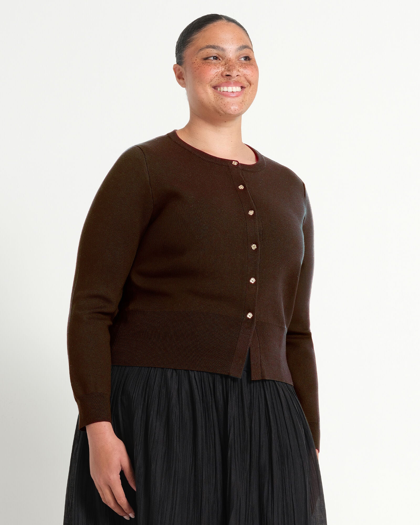 Jasmine Fitted Crew Knit Cardigan, Choc / Brown, alternate image number 2