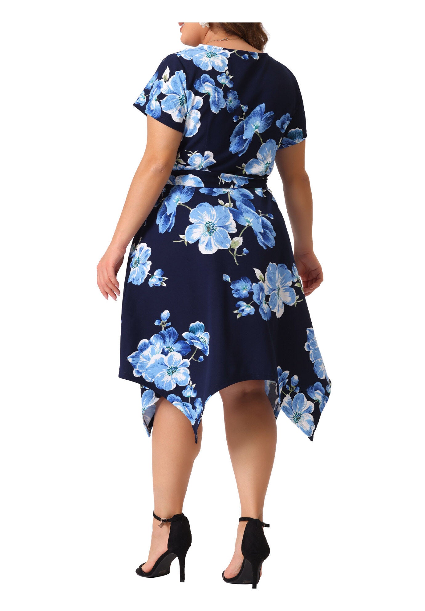 Printed Retro High Low Short Sleeves Dress, Blue White / Navy, alternate image number 3
