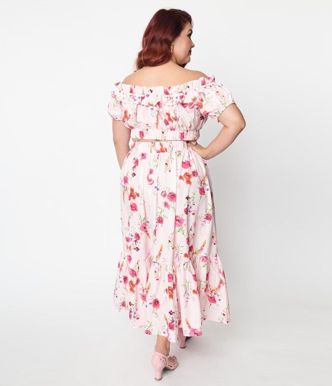 Unique Vintage Light Pink Floral Tiered Midi Skirt, Pink Floral / Pink, alternate image number 1