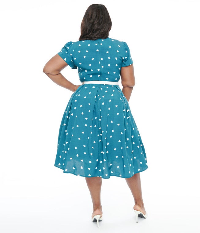 Unique Vintage 1940s Teal & White Heart Dahlia Swing Dress, Teal White Heart / Turquoise, alternate image number 2