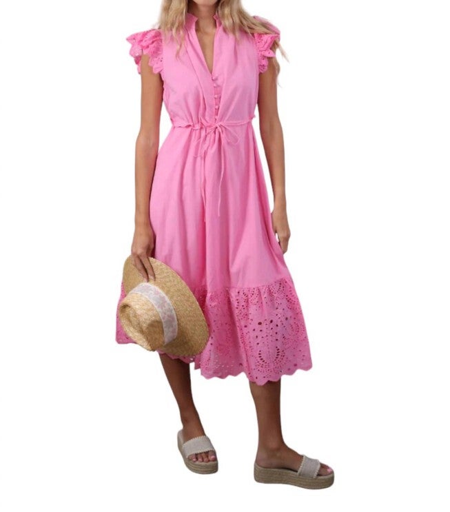 EYELET RUFFLE MIDI DRESS, Palm Pink / Pink, hi-res image number null