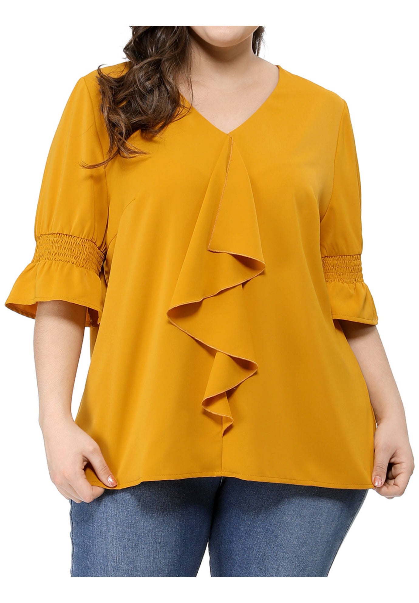 Ruffle Blouse V Neck Smocked Sleeves Top, Yellow / Yellow, alternate image number 1
