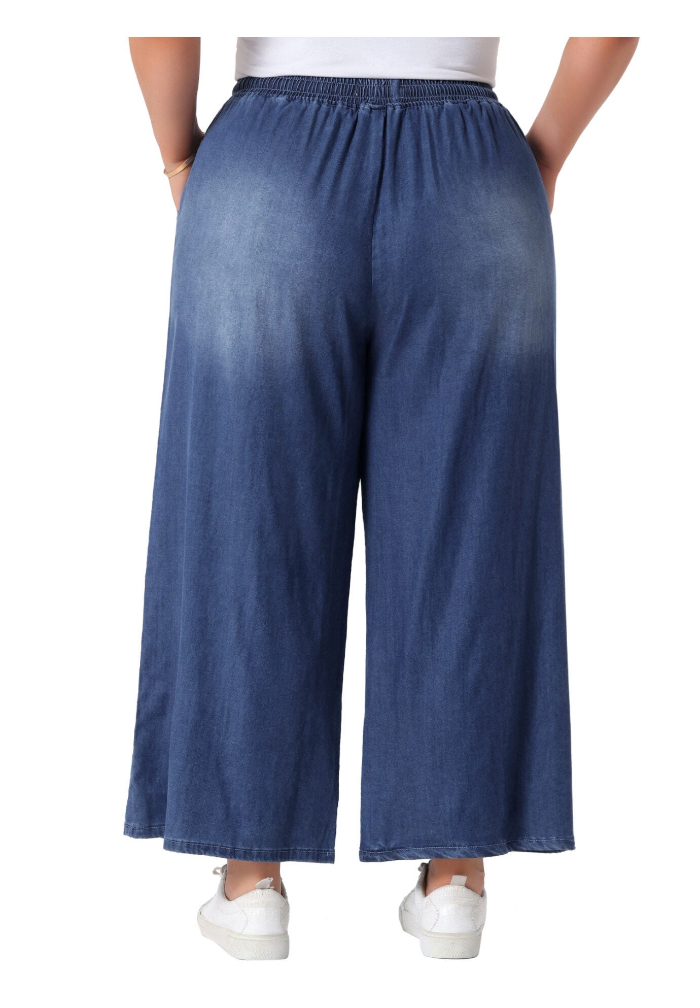 Drawstring Waist Wide Leg Chambray Palazzo Pants, Blue / Navy, alternate image number 3