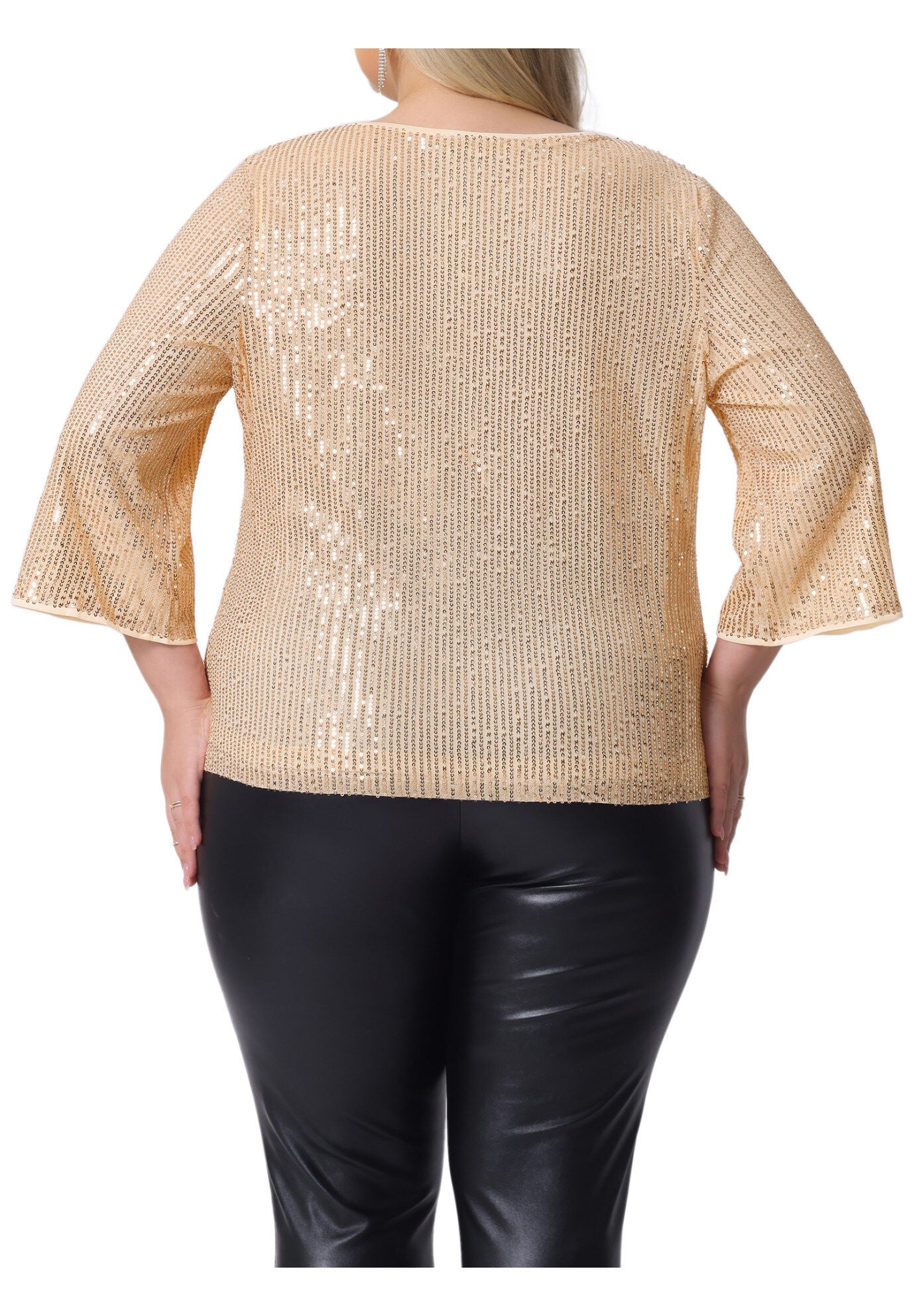 Sequin 3/4 Sleeve V Neck Glitter Top, Champagne / Gold, alternate image number 3