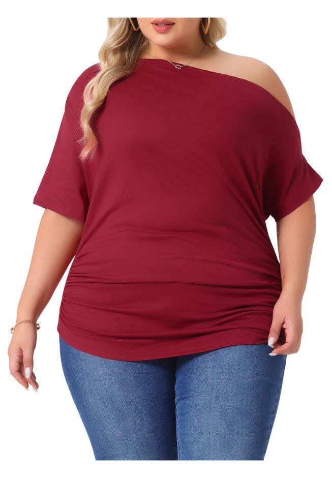 ONE SHOULDER SHORT SLEEVE RUCHED TOP, Burgundy / Burgundy, alternate image number null