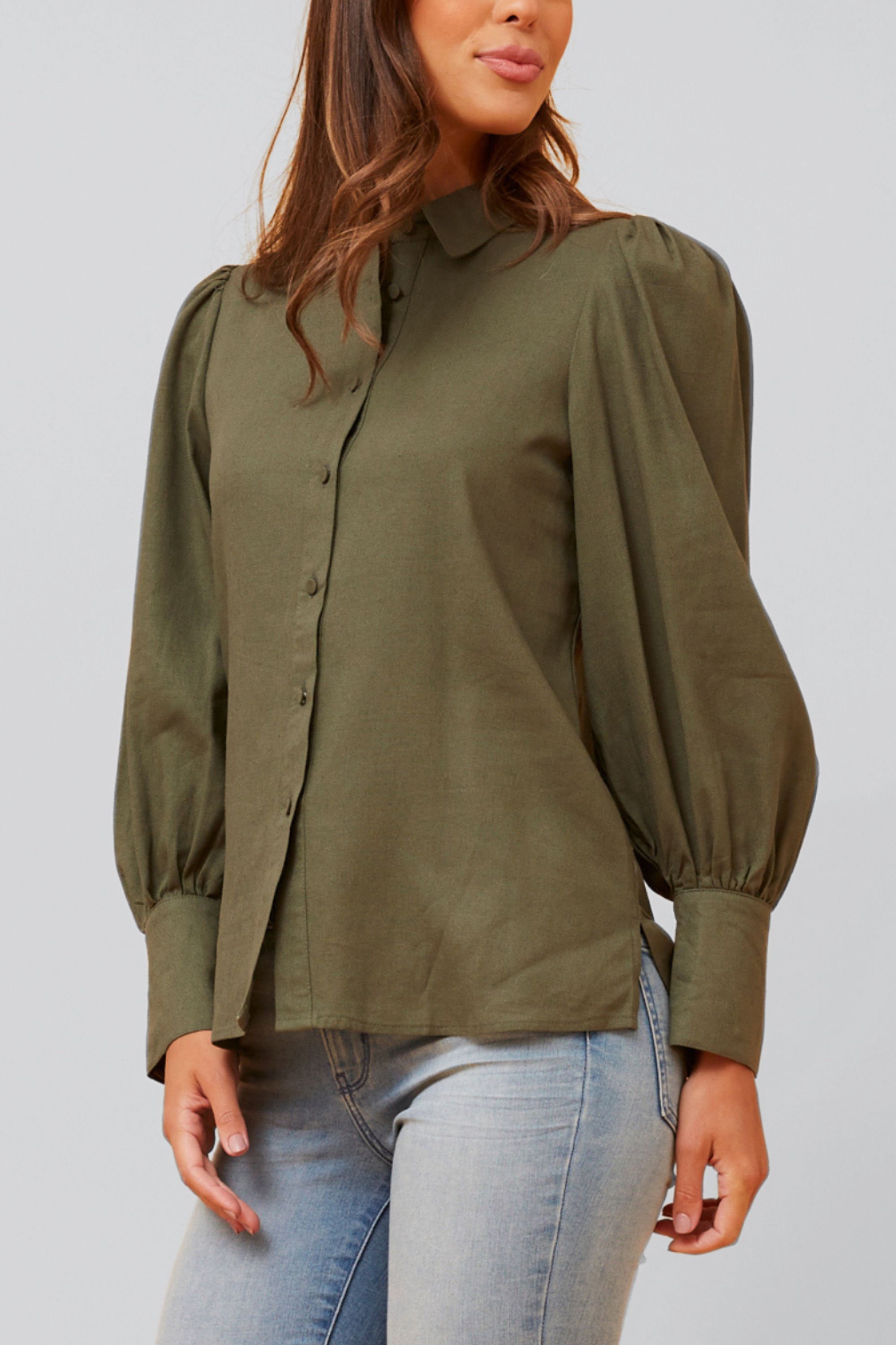 Maxine Shirt Fitted Long Puffy Sleeves Solid, Green / Olive Green, alternate image number 1