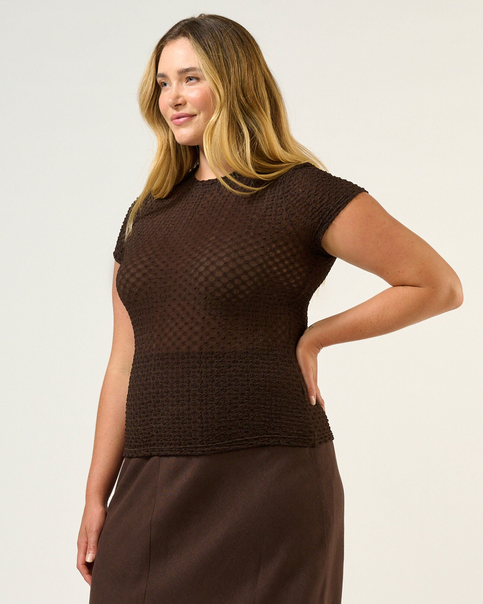 Naomi Sheer Textured Mesh Short Sleeve Top, Espresso / Brown, alternate image number 2
