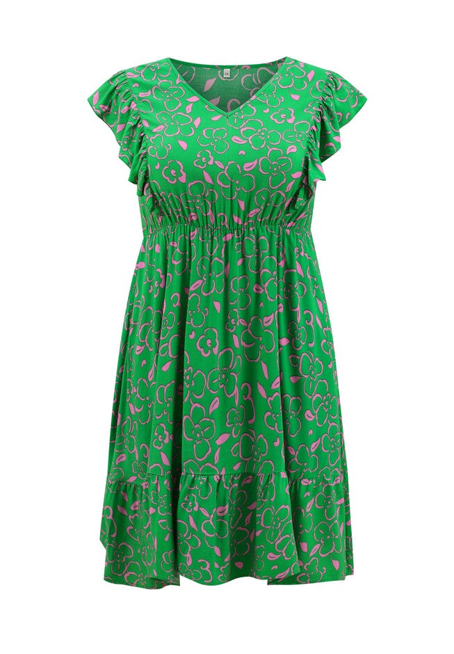 Floral Print V Neck Ruffle Sleeve Elastic Waist Ruffled Hem Knee Length Dress with Pockets, Green / Kelly Green, alternate image number 3