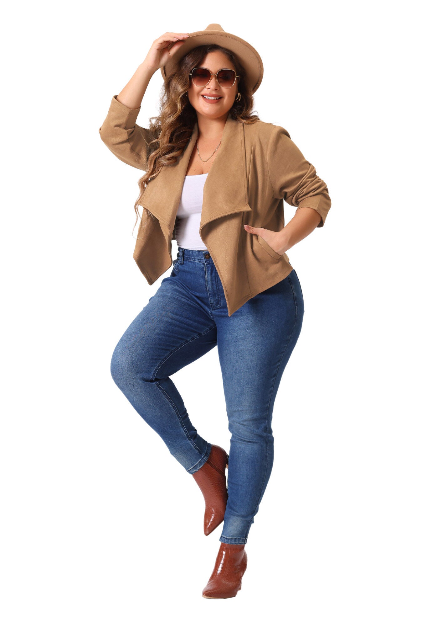 FAUX SUEDE LAPEL OPEN FRONT CARDIGAN JACKET, Brown / Brown, hi-res image number 0