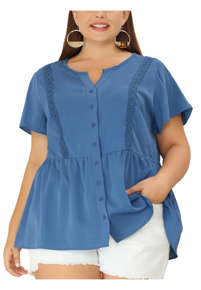 Button Down V Neck Blouse Shirt Short Sleeve Flare Peplum Top, Dark Blue / Navy, alternate image number 2