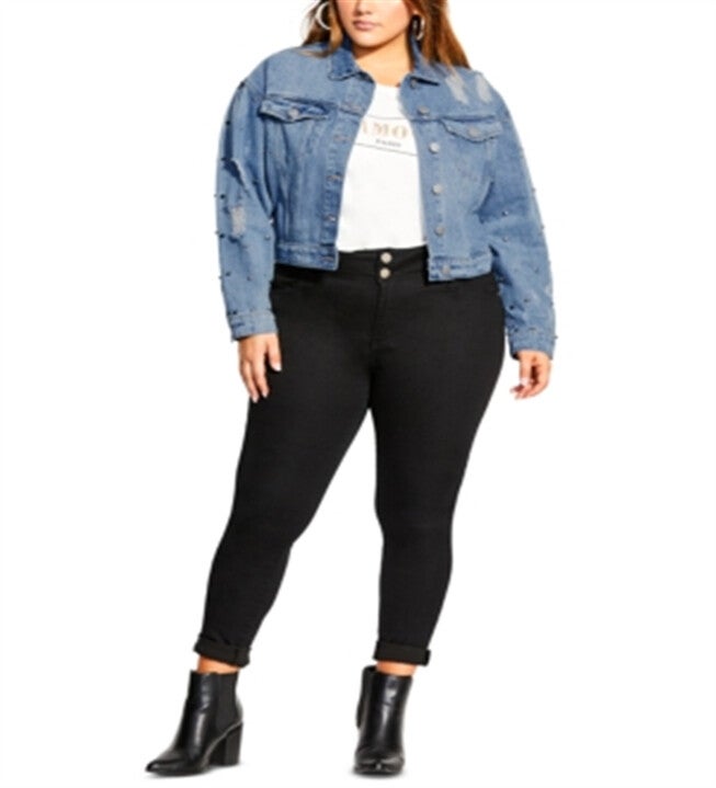 City Chic Women's Trendy Plus Size Cotton Studded Cropped Denim Jacket - Light Denim Blue Size 24W, Blue / Navy, hi-res image number 0